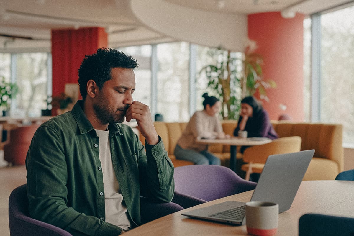 A man working thoughtfully at a laptop in a shared studio